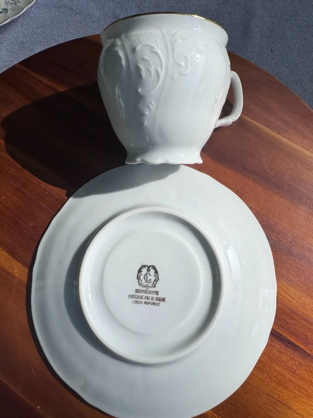 Vintage Bernadotte Czech Republic White Porcelain Teacup Saucer Set, Gold Rim